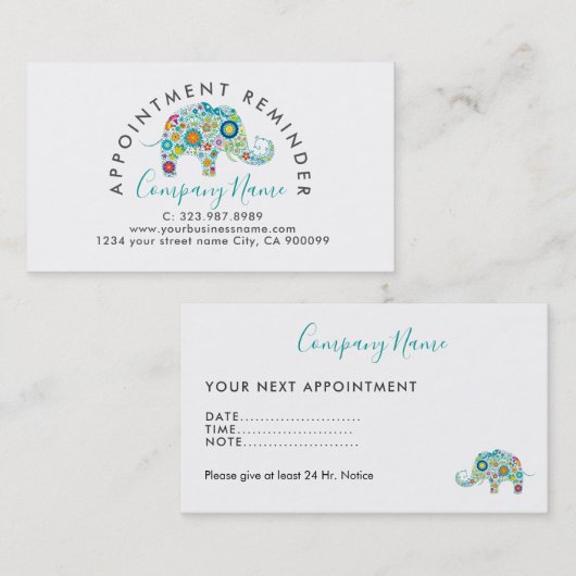 Kleurrijke Bloemen Olifant Afspraakkaart Afsprakenkaartje (Voorkant / Achterkant)