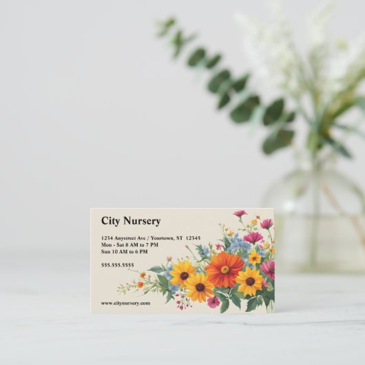 Kleurrijke Bloemen op Beige Nursery Plant Verkoop Visitekaartje (Staand voorkant)
