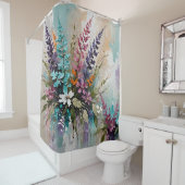 Kleurrijke Bloemen op Blauw Beige Witte Lavendel Douchegordijn (In situ)