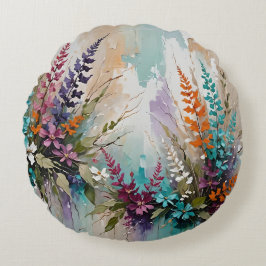 Kleurrijke Bloemen op Blauw Beige Witte Lavendel Rond Kussen