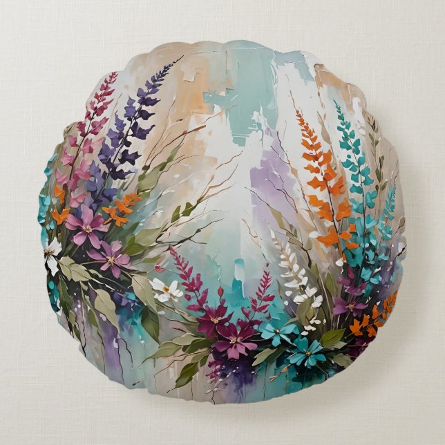 Kleurrijke Bloemen op Blauw Beige Witte Lavendel Rond Kussen (Voorkant)