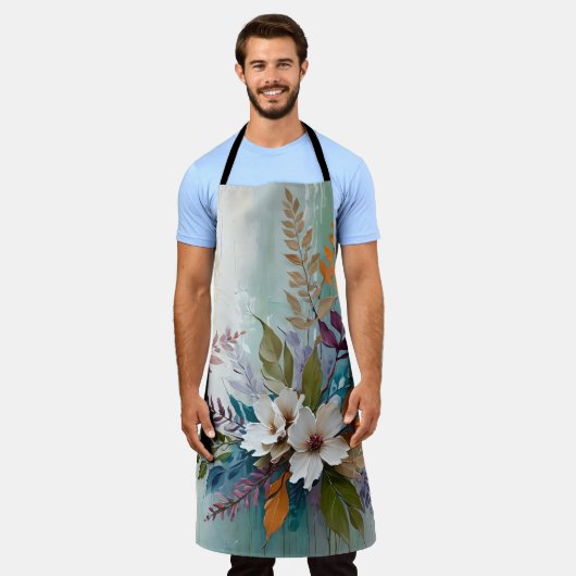 Kleurrijke Bloemen op Blauw Beige Witte Lavendel Schort (Gedragen)