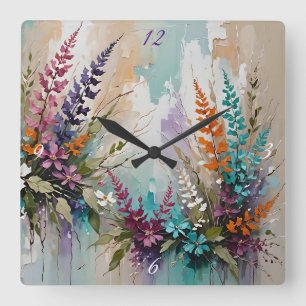 Kleurrijke Bloemen op Blauw Beige Witte Lavendel Vierkante Klok