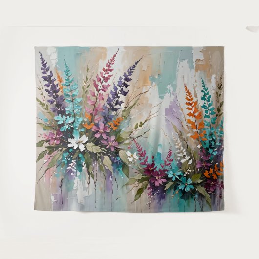 Kleurrijke Bloemen op Blauw Beige Witte Lavendel Wandkleed (Voorkant (horizontaal))