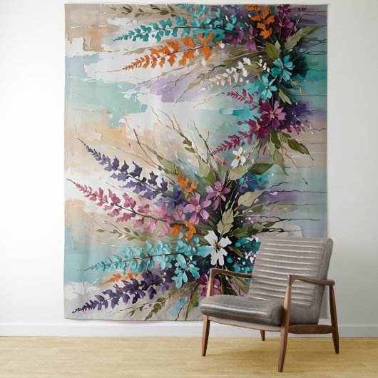 Kleurrijke Bloemen op Blauw Beige Witte Lavendel Wandkleed (In situ)