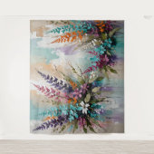 Kleurrijke Bloemen op Blauw Beige Witte Lavendel Wandkleed (Voorkant)