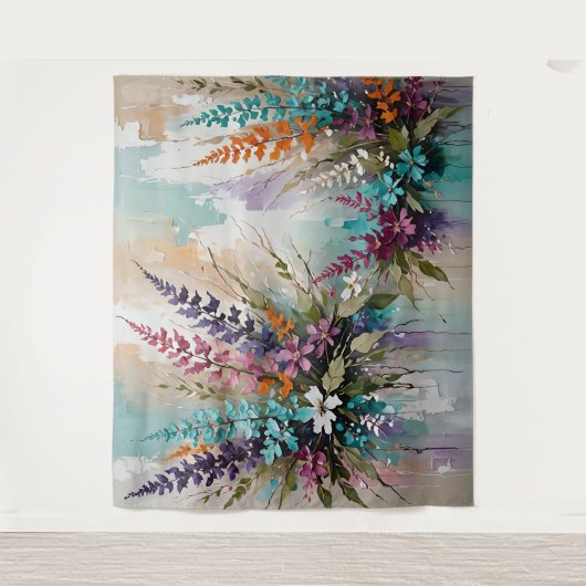Kleurrijke Bloemen op Blauw Beige Witte Lavendel Wandkleed (Voorkant)