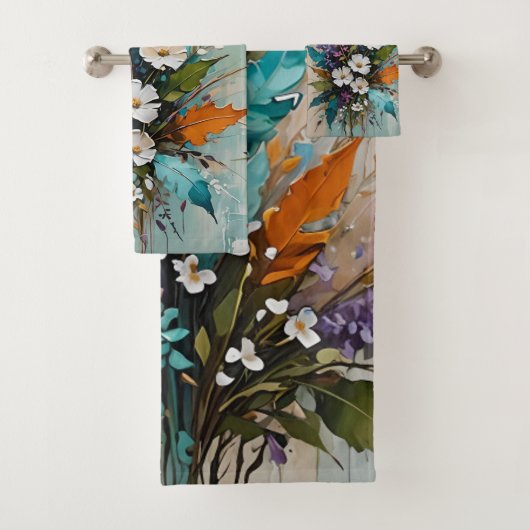 Kleurrijke Bloemen op Blauwgroen Blauw Beige Bad Handdoek (Insitu)