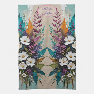 Kleurrijke Bloemen op Blauwgroen Blauw Beige *PERS Theedoek
