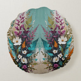 Kleurrijke Bloemen op Blauwgroen Blauw Beige Rond Kussen