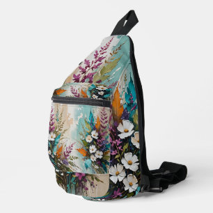 Kleurrijke Bloemen op Blauwgroen Blauw Beige Sling Bag