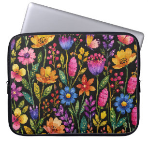 Kleurrijke Bloemen op een Zwarte Achtergrond Laptop Sleeve