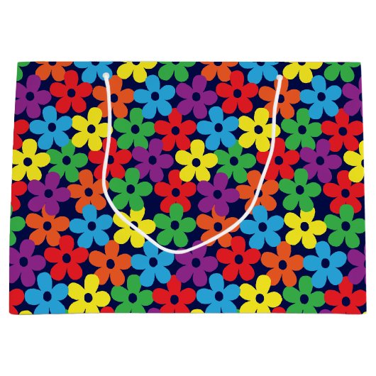 Kleurrijke bloemen op marineblauw grote cadeautas (Voorkant)