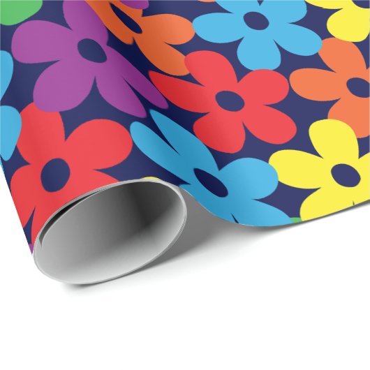 Kleurrijke bloemen op marineblauw omslagpapier cadeaupapier (Rol Hoek)