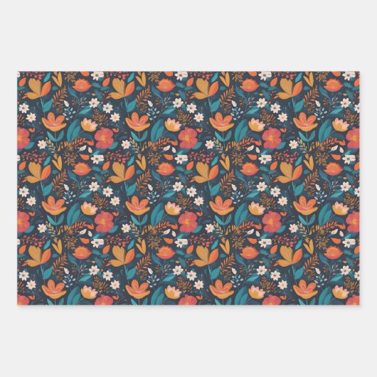 Kleurrijke Bloemen Op Zwarte Set Van Drie Verschil Inpakpapier Vel (Voorkant 3)