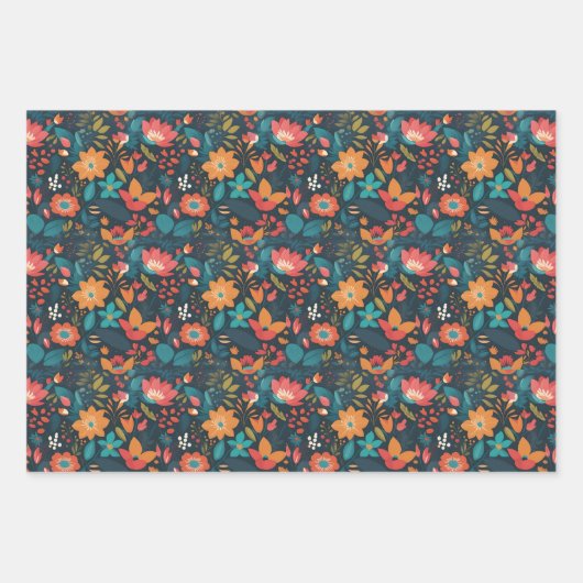 Kleurrijke Bloemen Op Zwarte Set Van Drie Verschil Inpakpapier Vel (Voorkant)