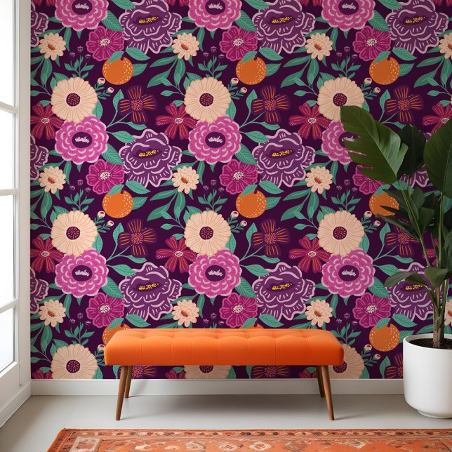 Kleurrijke Bloemen & Oranje Citrusvrucht Patten Behang (Colourful Florals & Orange Citrus Fruit Patten Wallpaper)
