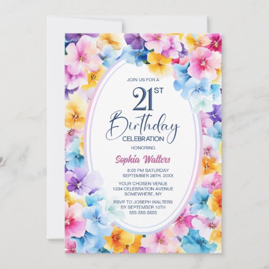 Kleurrijke Bloemen Ovaal 21ste Verjaardagsfeest Kaart (Voorkant)