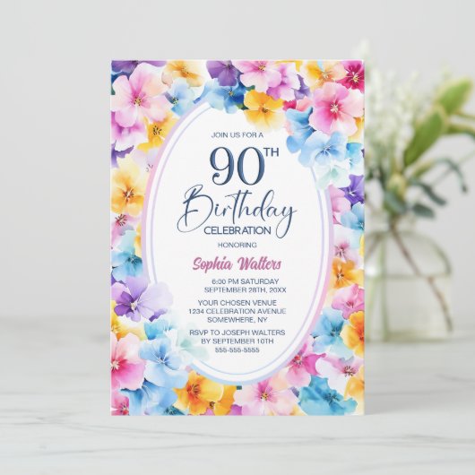 Kleurrijke Bloemen Ovaal 90ste Verjaardagsfeest Kaart (Staand voorkant)