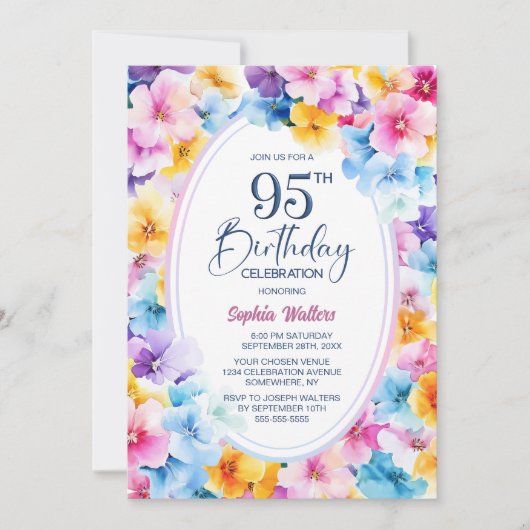 Kleurrijke Bloemen Ovaal 95e Verjaardag Party Kaart (Voorkant)