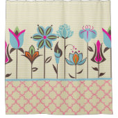 Kleurrijke bloemen over beige strepen douchegordijn (Voorkant)