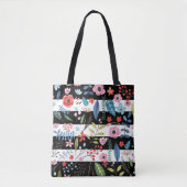 Kleurrijke bloemen over zwarte en witte strepen tote bag (Voorkant)