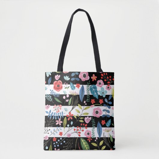 Kleurrijke bloemen over zwarte en witte strepen tote bag (Voorkant)