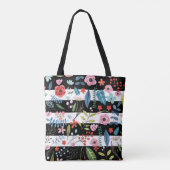 Kleurrijke bloemen over zwarte en witte strepen tote bag (Achterkant)