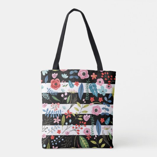 Kleurrijke bloemen over zwarte en witte strepen tote bag (Achterkant)