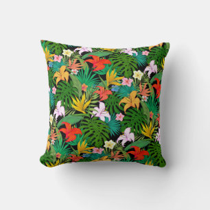 Kleurrijke Bloemen & Palmbladeren op Zwart Kussen