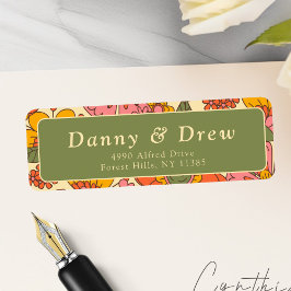 Kleurrijke Bloemen Patroon Retro Boho 70s Adres Etiket