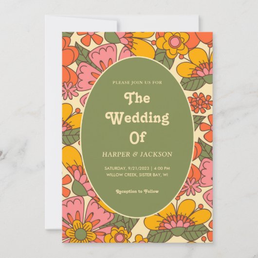 Kleurrijke Bloemen Patroon Retro Boho 70s bruiloft Kaart (Voorkant)