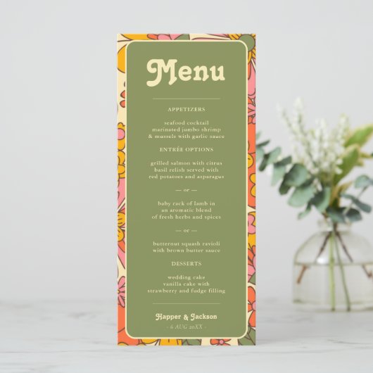 Kleurrijke Bloemen Patroon Retro Boho 70s bruiloft Menu (Staand voorkant)
