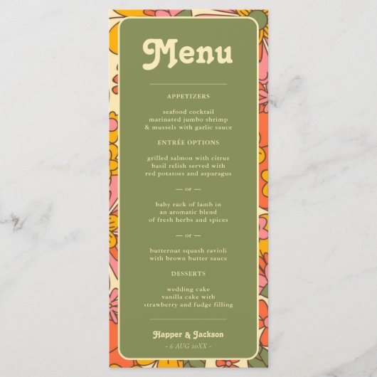 Kleurrijke Bloemen Patroon Retro Boho 70s bruiloft Menu (Voorkant)