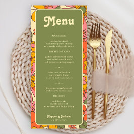 Kleurrijke Bloemen Patroon Retro Boho 70s bruiloft Menu