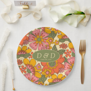 Kleurrijke Bloemen Patroon Retro Boho 70s bruiloft Papieren Bordje