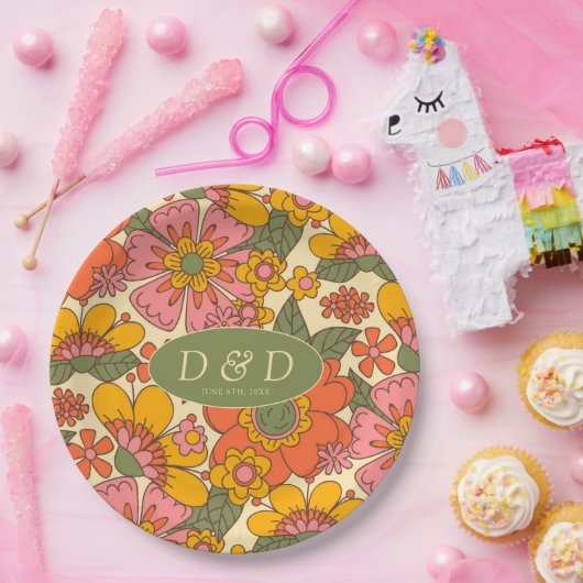 Kleurrijke Bloemen Patroon Retro Boho 70s bruiloft Papieren Bordje (Feest)