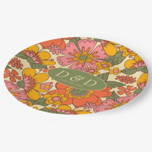 Kleurrijke Bloemen Patroon Retro Boho 70s bruiloft Papieren Bordje (Gekanteld)