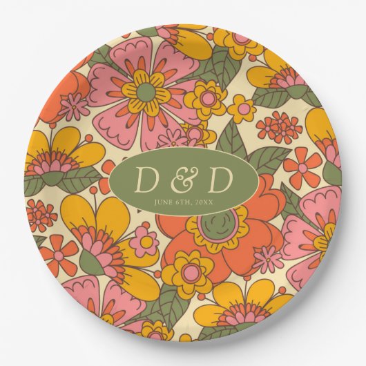 Kleurrijke Bloemen Patroon Retro Boho 70s bruiloft Papieren Bordje (Voorkant)