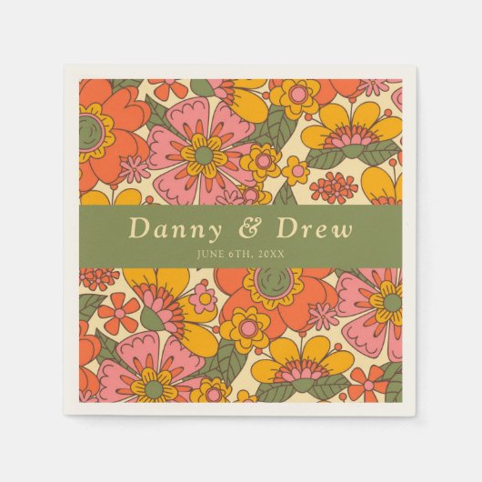 Kleurrijke Bloemen Patroon Retro Boho 70s bruiloft Servet (Voorkant)