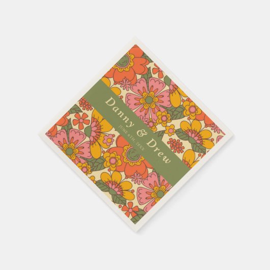 Kleurrijke Bloemen Patroon Retro Boho 70s bruiloft Servet (Hoek)