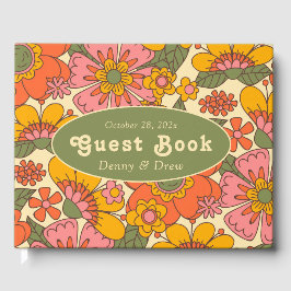 Kleurrijke Bloemen Patroon Retro Boho 70s Huwelijk Gastenboek