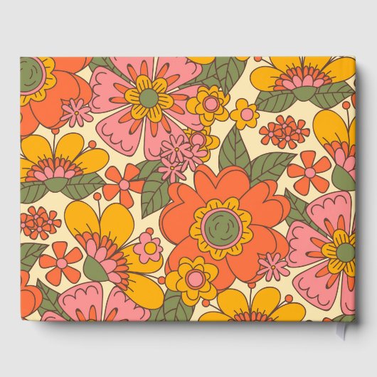 Kleurrijke Bloemen Patroon Retro Boho 70s Huwelijk Gastenboek (Achterkant)