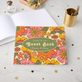 Kleurrijke Bloemen Patroon Retro Boho 70s Huwelijk Gastenboek