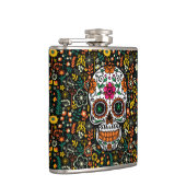 Kleurrijke Bloemen Patroon & Suiker Schedel Heupfles (Rechts)