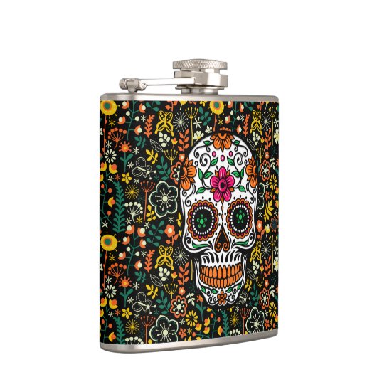 Kleurrijke Bloemen Patroon & Suiker Schedel Heupfles (Rechts)