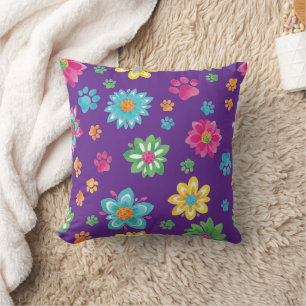 Kleurrijke Bloemen & Paw Prints Kussen