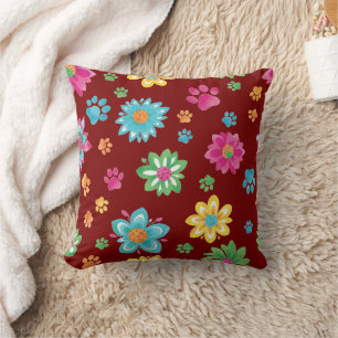 Kleurrijke Bloemen & Paw Prints Kussen