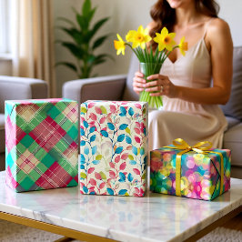 Kleurrijke Bloemen Plaid Viering Set van 3 Inpakpapier Vel