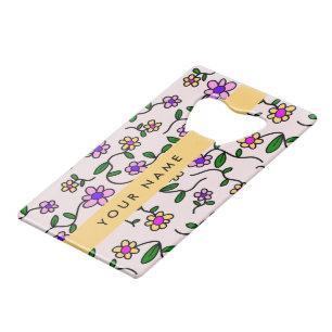 Kleurrijke Bloemen, Roze Achtergrond, Geel Creditkaart Flessenopener